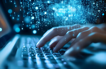 hands typing on laptop keyboard with digital data streams, representing big data, cybersecurity, clo