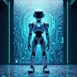 © El Casteleiro - A sleek humanoid robot is illuminated by glowing blue circuit designs, representing advanced technology and artificial intelligence