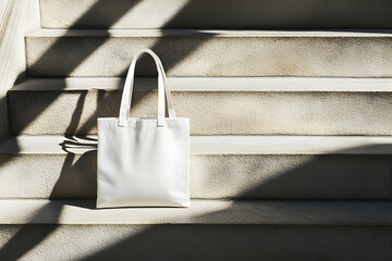 Wall Mural - Minimalist White Cotton Tote Bag Mockup on Concrete Steps with Sunlight and Shadows, Perfect for Branding and Product Showcase, Clean and Modern Aesthetic