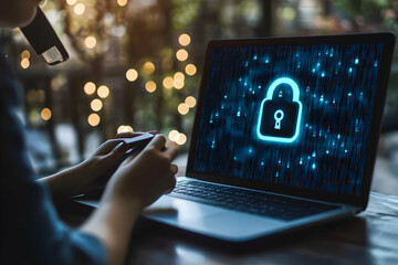 Wall Mural - secure online shopping, woman using credit card on laptop with padlock symbol, highlighting data pro