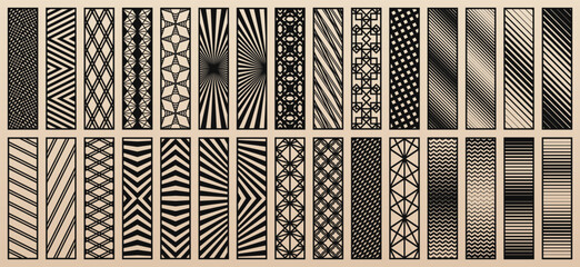 Aufkleber - Big vector bundle of 30 templates for laser cut. Trendy design with abstract geometric patterns, modern linear ornaments. Stencils for CNC cutting of wood, paper, metal, plastic. Aspect ratio 1:4