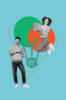© deagreez - Poster image vertical photo collage of two happy business girl guy hold laptop jump light bulb idea finding brainstorm plan decision