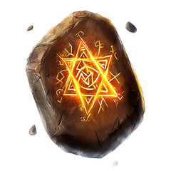 Wall Mural - a magical talisman made of brown stone and adorned with golden runes, glowing softly, watercolor sty
