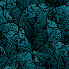 Seamless pattern of black line art leaves on a deep teal background. Modern, sophisticated botanical design.