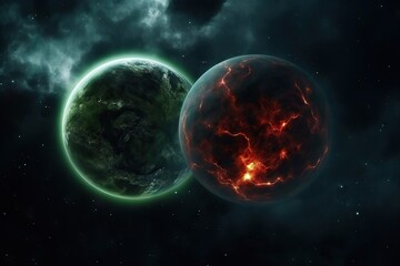 Wall Mural - two contrasting planets in dark space with glowing effects. sci fi cosmic art with green habitable w