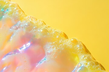 Poster - Iridescent bubbles foam and shimmer against a bright yellow background