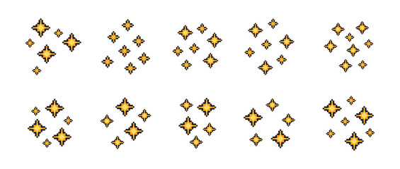 Sparkling stars pixel art. Shiny pixel art stars set. 8-bit sparkles. Glitter Stars, Pixelated Art