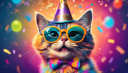  Colorful Cat Party Celebration with Balloons and Party Hat