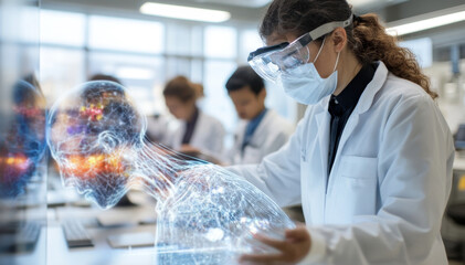 Poster - A diverse group of interns in lab coats works diligently in a modern laboratory setting.