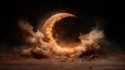 A stunning artistic representation of the moon enveloped in explosive energy, capturing the imagination and evoking themes of transformation and cosmic phenomena.