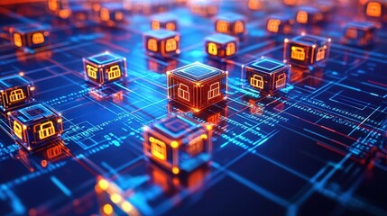 Wall Mural - blockchain technology secures digital information with glowing padlock icons on interconnected block