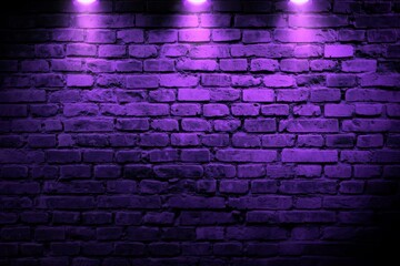 Wall Mural - An urban brick wall illuminated by vibrant purple neon light.