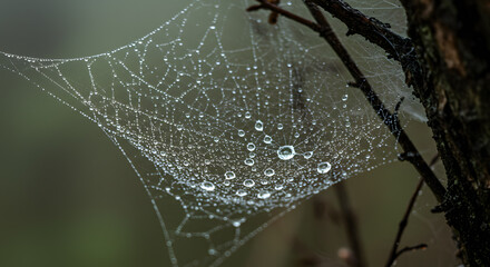 A dewdrop-laden cobweb stretches between tree branches, an ephemeral masterpiece sculpted by nature’s unseen hand.