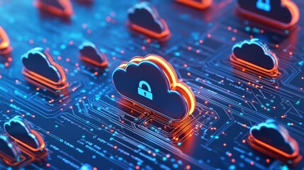 Wall Mural - cloud computing security concept is visualized with cloud icons hovering over circuit board, represe