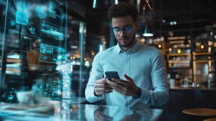 Wall Mural - it specialist is using smartphone and analyzing holographic futuristic cyber security interface with