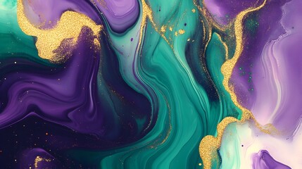 Wall Mural - Abstract ink paint flow art background in vibrant tones--purple, green, gold blending swirling together, soft gradients, metallic accents, subtle glitter highlights, fluid modern aesthetic Mardi Gras