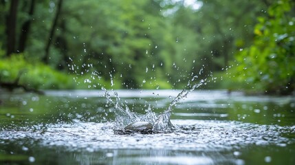 Wall Mural - A slow-motion capture of water splashing as a stone skips across the surface of a calm river with a lush forest in the background