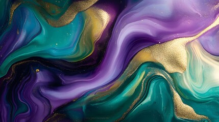 Abstract ink paint flow art background in vibrant tones--purple, green, gold blending swirling together, soft gradients, metallic accents, subtle glitter highlights, fluid modern aesthetic Mardi Gras