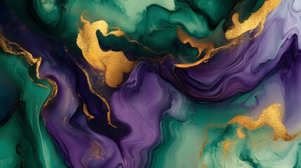 Abstract ink paint flow art background in vibrant tones--purple, green, gold blending swirling together, soft gradients, metallic accents, subtle glitter highlights, fluid modern aesthetic Mardi Gras