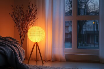 Poster - Cozy living room ambiance featuring warm lighting and decorative elements in a serene evening setting