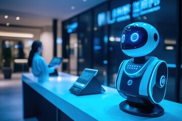 Poster - Robots assist in futuristic office setting with interactive technology during the daytime