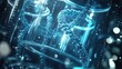 © chanchai - DNA Helix in Bio-Lab: A captivating digital representation of a DNA helix, encapsulated within a transparent structure and illuminated with a cool blue light.