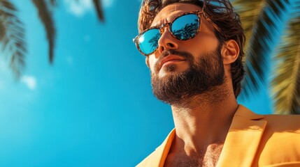 Poster - Stylish man wearing a hat and sunglasses stands confidently in front of a colorful urban backdrop during bright daylight