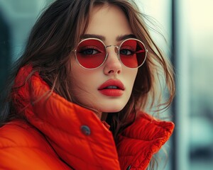 Poster - Fashion model poses confidently in vibrant orange setting while showcasing stylish outfit and sunglasses during daytime in urban environment
