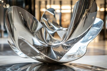 Poster - Modern metal sculpture in a contemporary lobby setting showcasing fluid shapes and polished surfaces during daylight hours