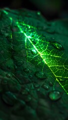 Poster - Macro shot of glowing raindrops reflecting light on a green leaf, cinematic intricate natural artistry