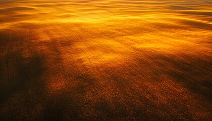 Poster - Aerial view of glowing golden fields stretching into the horizon, illuminated by soft golden hour light, cinematic serene depth