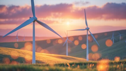 Wall Mural - wind turbines generate renewable energy at sunset on a hillside surrounded by nature