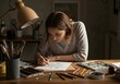 © J.G Studio - A focused artist: An individual drawing at a desk with various art supplies, their face obscured, under a well-lit lamp creating an artwork.