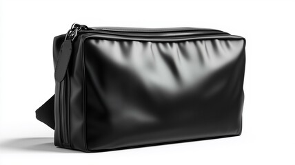 Wall Mural - Ultra-realistic image of a black plastic travel toiletry bag with a zip closure, isolated on a white background
