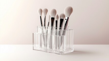 Wall Mural - Photorealistic image of a transparent acrylic makeup brush holder with dividers, isolated on a white background
