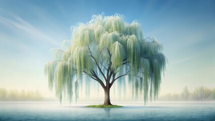 Wall Mural - Serene Weeping Willow Tree in Misty Water, a Peaceful and Tranquil Scene of Nature's Beauty
