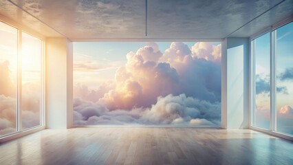 Wall Mural - A Serene Room with Floor-to-Ceiling Windows Showcasing a Breathtaking View of Dreamlike Clouds and a Sunset Sky