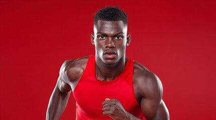 A young Black man in a red tank top sprints forward, muscles tense with exertion.  Determination etched on his face.