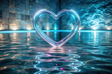 Wall Mural - Serene Glass Heart Floating on Tranquil Aqua Water, Illuminated by Soft Neon Lights in a Modern Setting