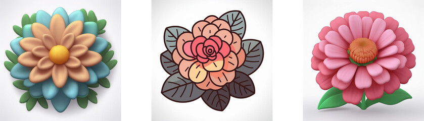 Wall Mural - three flower illustrations in different styles and colors are presented on a white background. the f