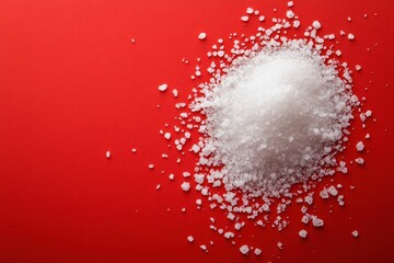 Poster - Pile of coarse salt crystals scattered on a red surface