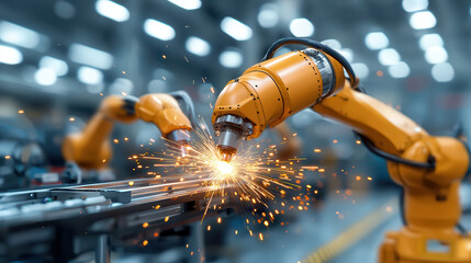 Leinwandbilder - Robotic arms on advanced automotive assembly line are welding metal parts with precision and efficiency, creating sparks in modern industrial setting