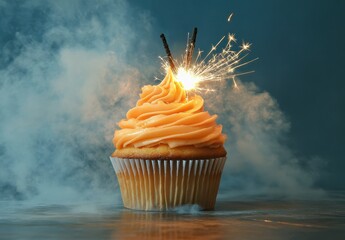 Wall Mural - Sparkling Celebration Cupcake with Orange Frosting and Fireworks in a Smoke Background for Festive Occasions and Birthday Events