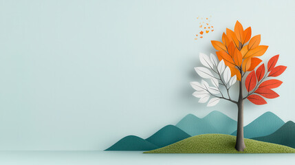 Poster - paper art tree with colorful leaves stands against minimalist landscape of rolling hills and mountains, evoking sense of tranquility and nature beauty
