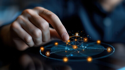 Fototapete - hand interacts with digital network interface, featuring glowing blue circuits and connected user icons, symbolizing AI driven social networking technology