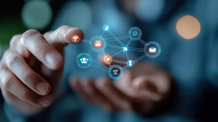 Fototapete - person interacts with digital interface displaying glowing blue network icons, symbolizing AI driven social connections and technology integration