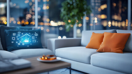 Fototapete - modern living room features smart sofa with floating holographic icons, showcasing AI integrated home system. room is elegantly designed with cityscape view, creating futuristic ambiance