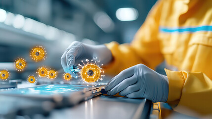 Poster - technician in yellow suit and gloves works on device with floating holographic gears, showcasing advanced technology in laboratory setting