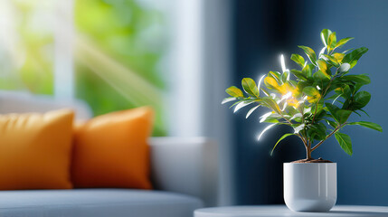 Aufkleber - potted plant with glossy leaves sits on table in bright living room, illuminated by sunlight streaming through window, creating serene atmosphere