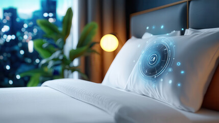 Poster - futuristic bedroom features smart bed with holographic display on pillow, set against cityscape view. room is modern and sleek, with ambient lighting and large plant adding touch of nature
